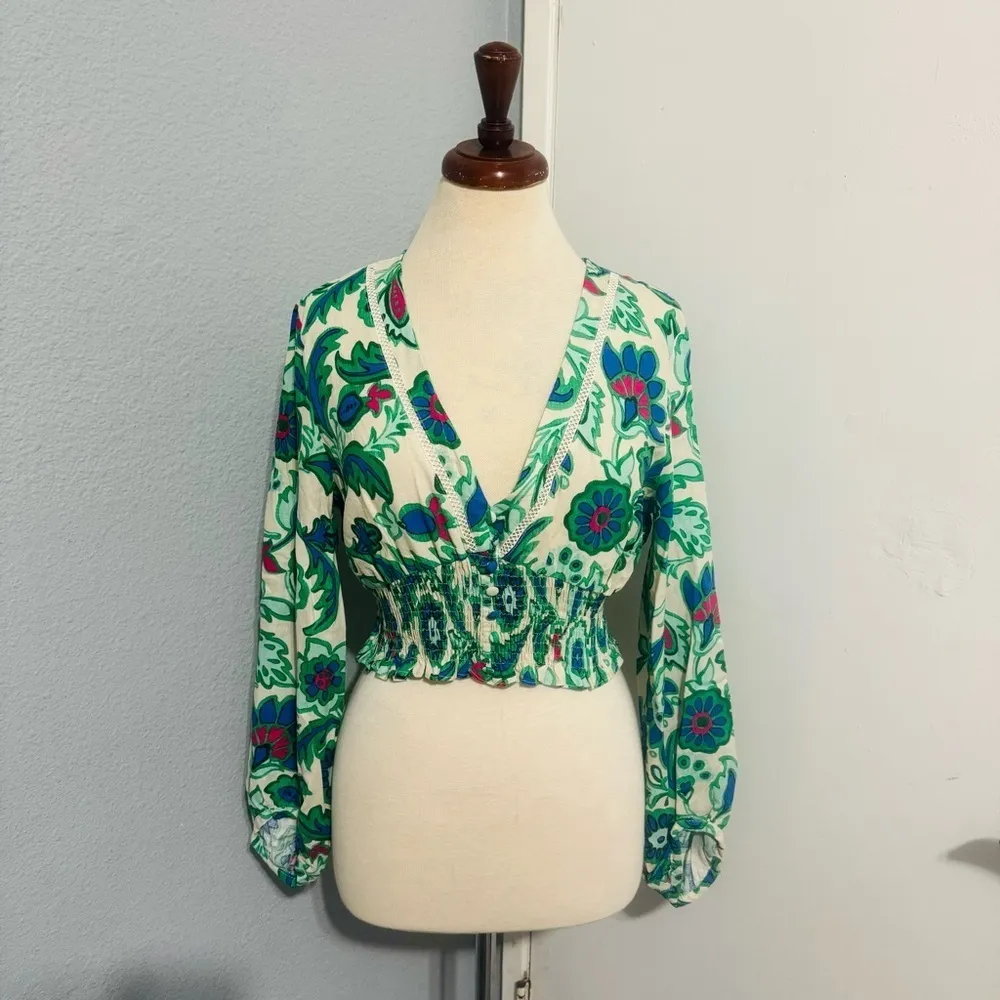 Zara Bloggers Favorite Bohemian V-Neck Floral Print Cropped Linen Blend Top Sz M - Image 10