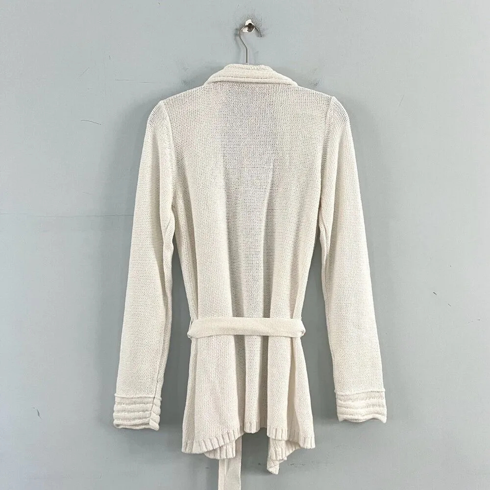 White + Warren Open Front Self Tie Belt White Cotton Cardigan Sweater Size L - Image 3