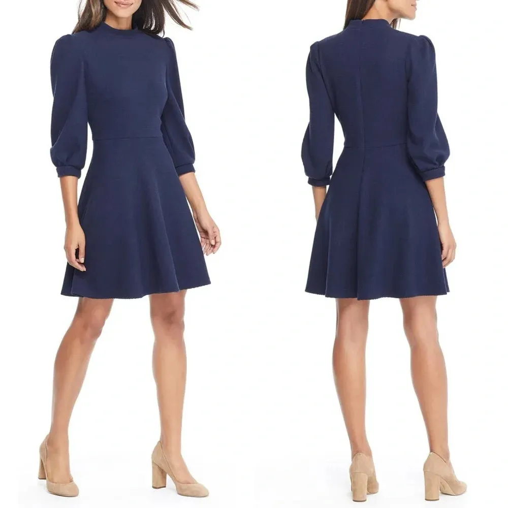 Gal Meets Glam Maggie Dress Textured Knit Fit And Flare Dress Navy Size 6 - Image 2