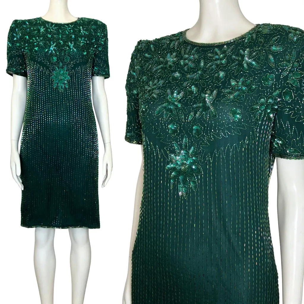 Vintage 80s 90s 100% Silk Green Beaded Papell Cocktail Dress. XS/S 4. Art Deco - Image 2