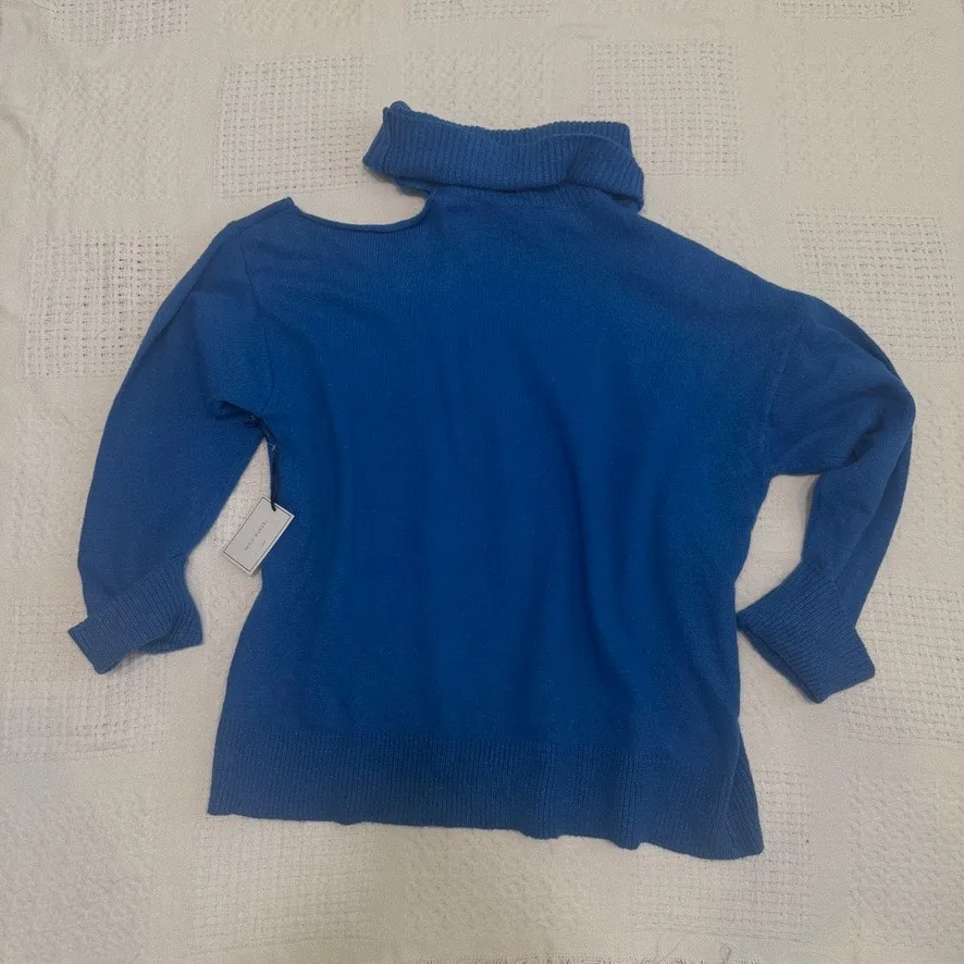 new 1.STATE 2X plus size cold shoulder cuffed turtleneck sweater SP 3135 Blue - Image 2