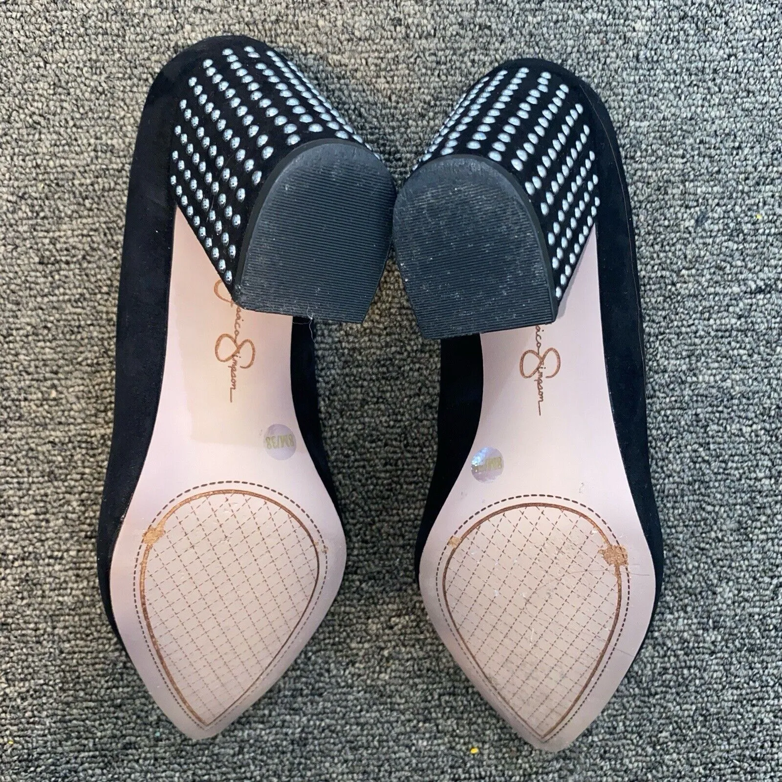 Jessica Simpson Black Studded Laydee Pumps Block Heel Faux Suede Pointed Toe 8 - Image 8