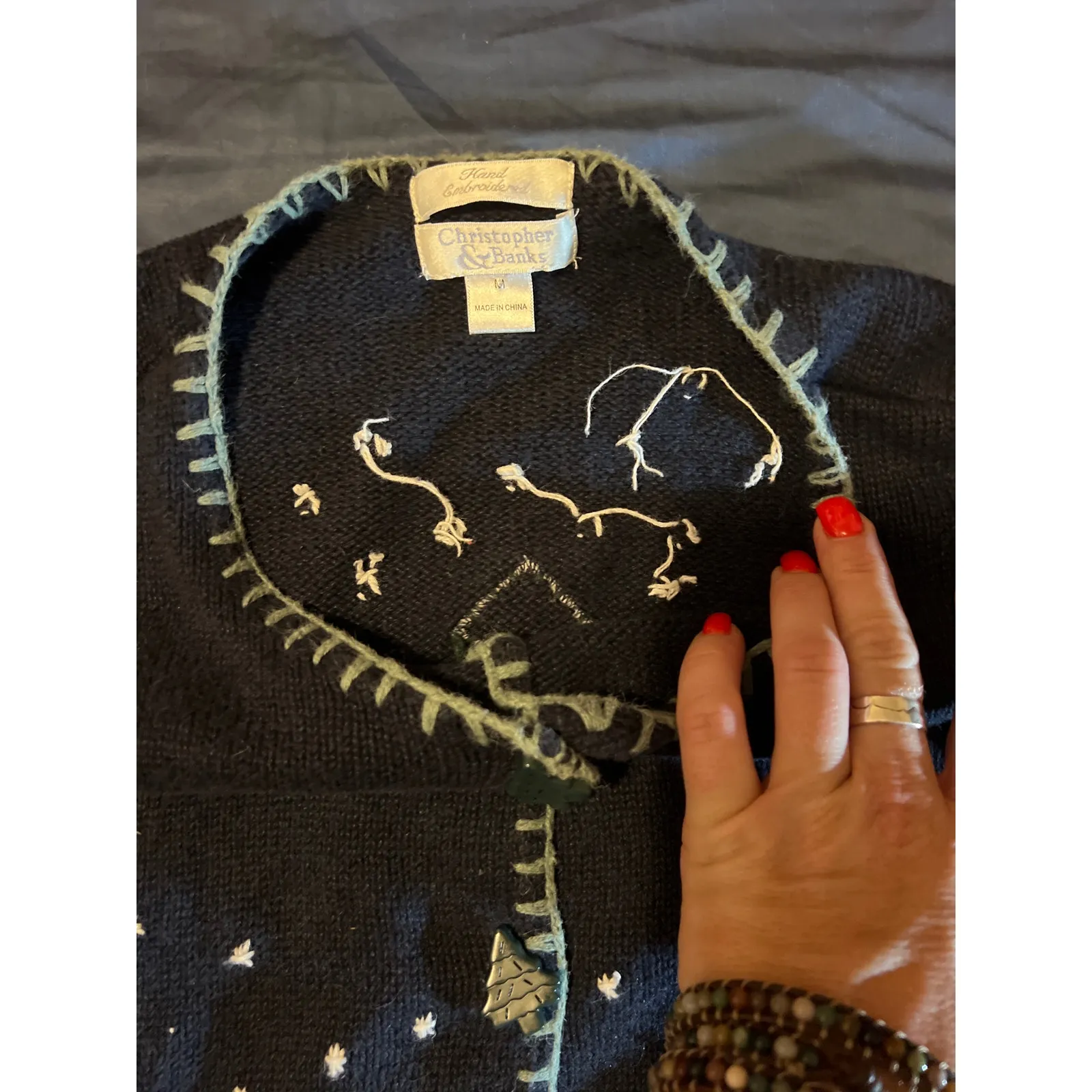 VTG Christopher Banks americana plaid appliqué Christmas tree cardigan sweater Blue Size M - Image 7