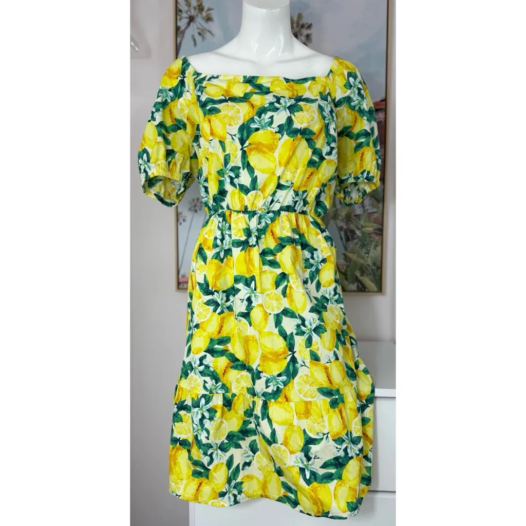 Chloe + Rene Yellow Green Lemon Print Cotton Short Dress Size Large - Image 3