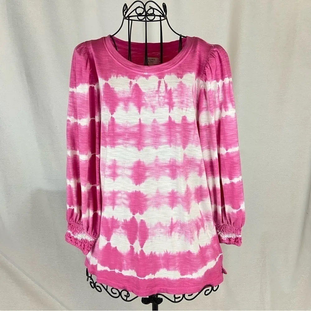Crown and Ivy Pink Tie Dye Puff Sleeves Top Women’s Size Medium Barbie - Image 3