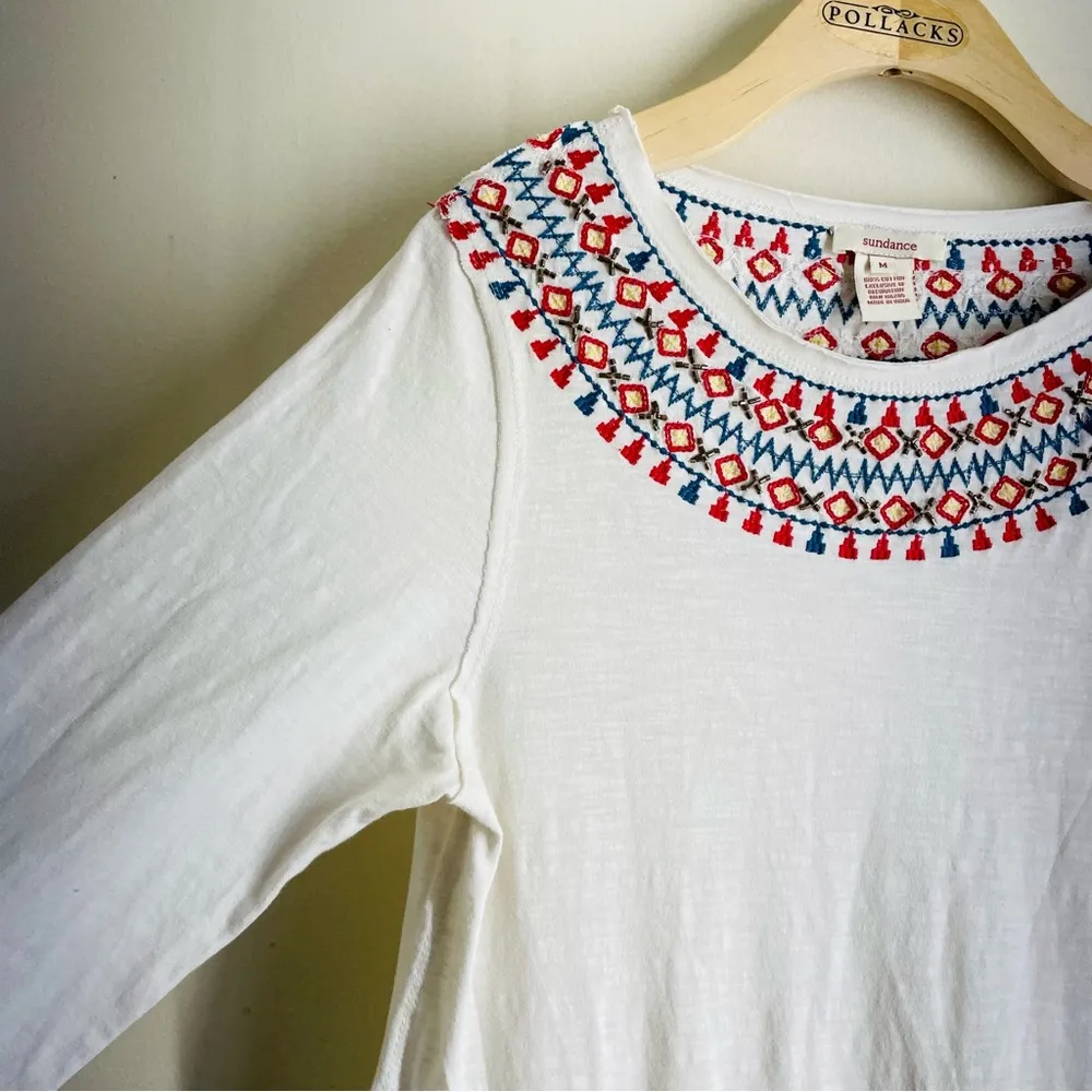 Sundance Embroidered Swing Dress Size M Cream Boho Folk Style Long Sleeve White Size M - Image 4