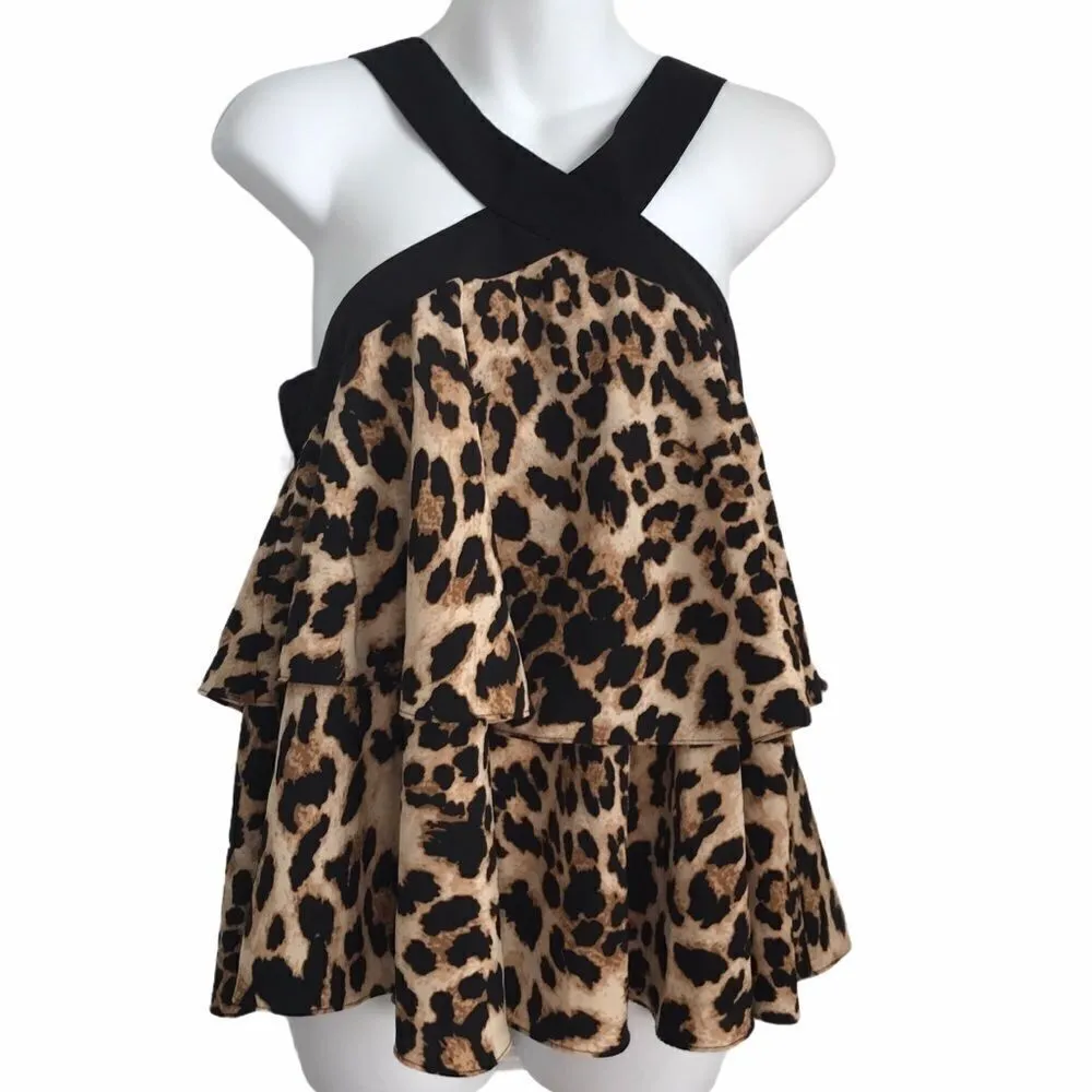 Bloomingdale’s Leopard Print Criss Cross Ruffle Tired Flowy Halter Top M NWT Brown Size M - Image 9