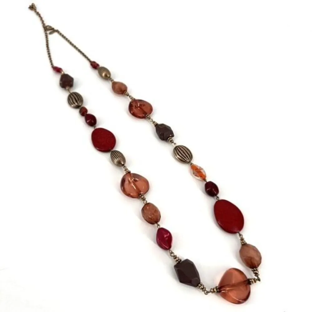 Chico’s faux stone acrylic long beaded‎ dark reds browns necklace gold tone - Image 2