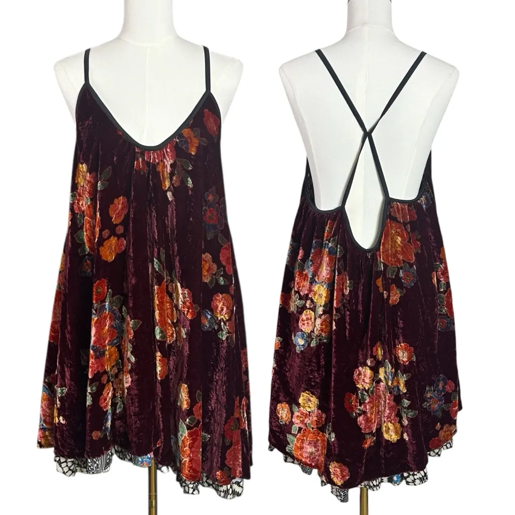 Free People Bohemian Floral Velvet Two Faced Reversible Mini Swing Dress Large - Image 7