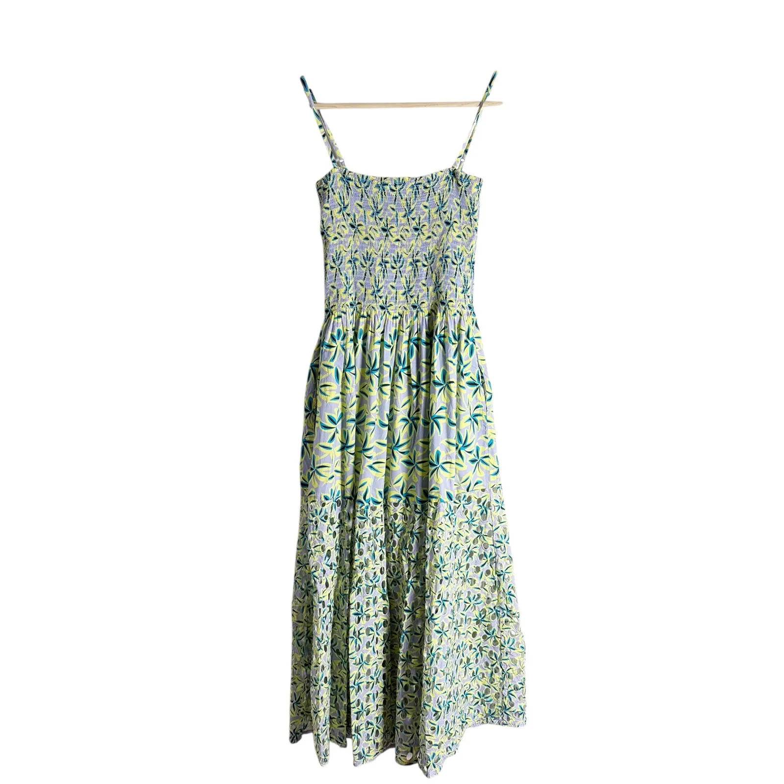 Solid & Striped Kennedy Green Tropical Floral Print Smocked Eyelet Midi Dress M - Image 5