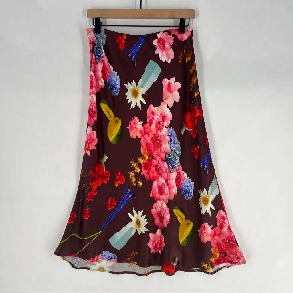 Gorman X Hattie Molloy Still Life Satin Slip Skirt Midi Floral Print Pull - Image 2