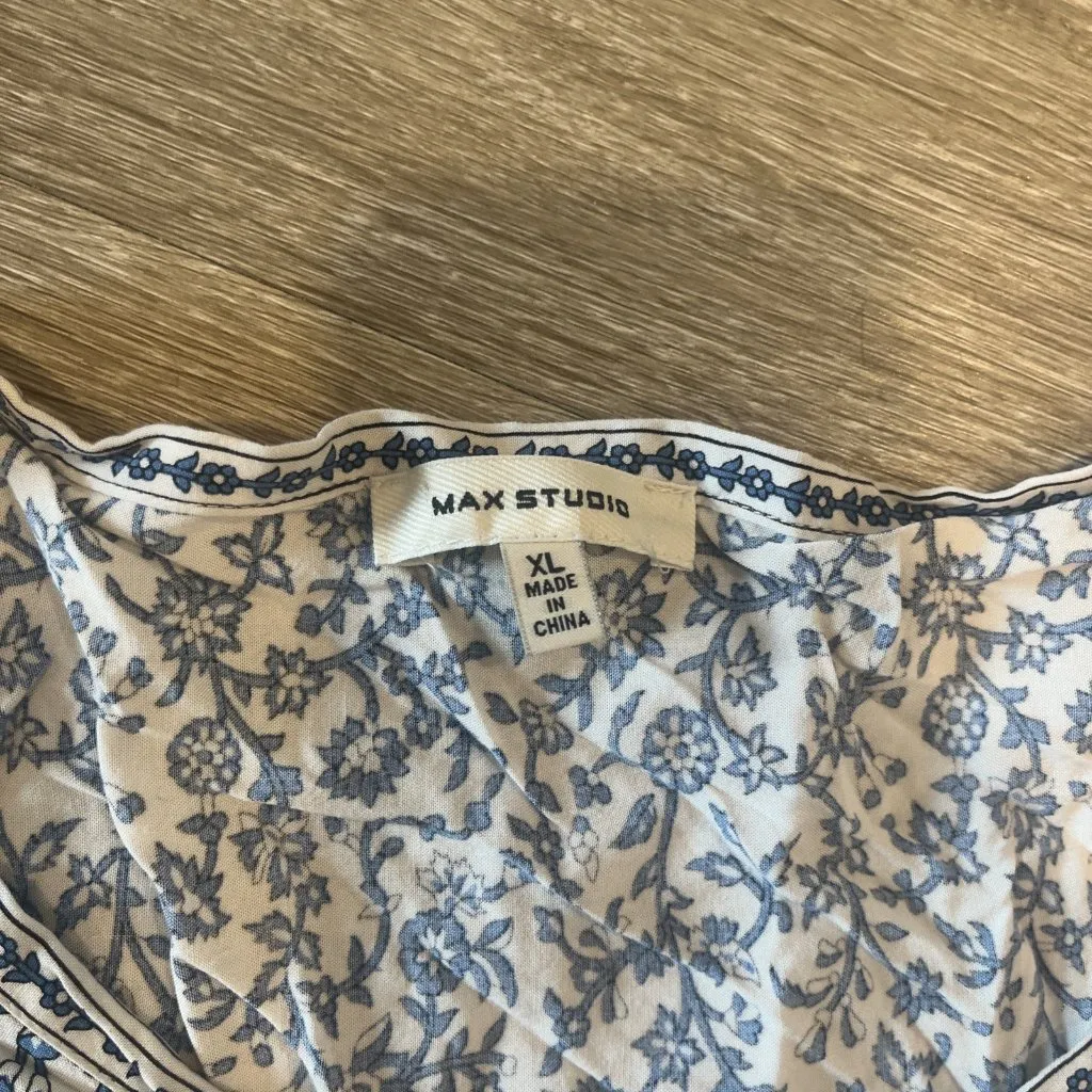 Max Studio XL Floral Blouse Balloon Sleeve Peplum Top Cottagecore Boho Blue - Image 3