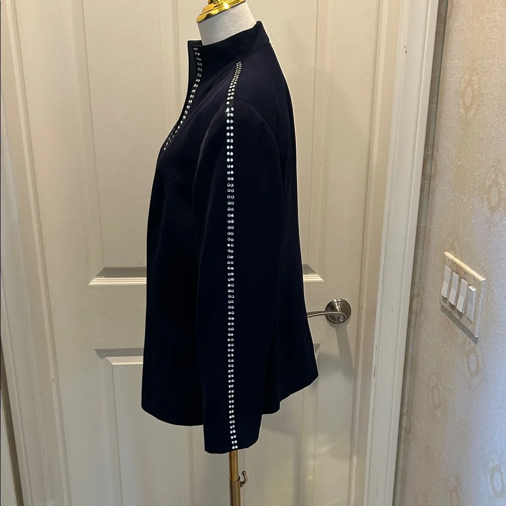 MILANO Elegant Navy Blue Women's Jacket with Rhinestone Trim Size 14 - Image 3