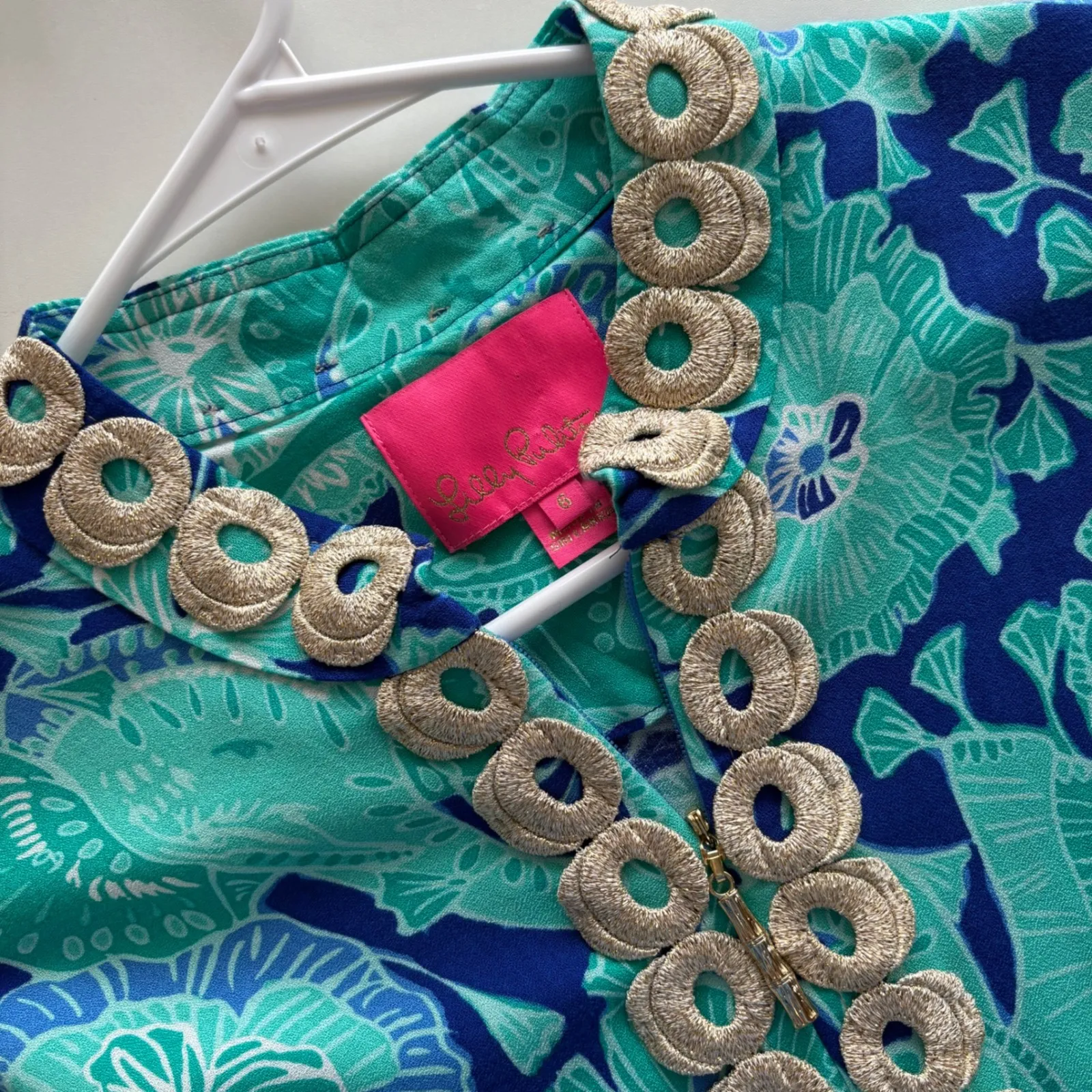 Lilly Pulitzer Tunic Dress Blue Green Floral Embroidery Zipper Women's Size 6 - Image 2