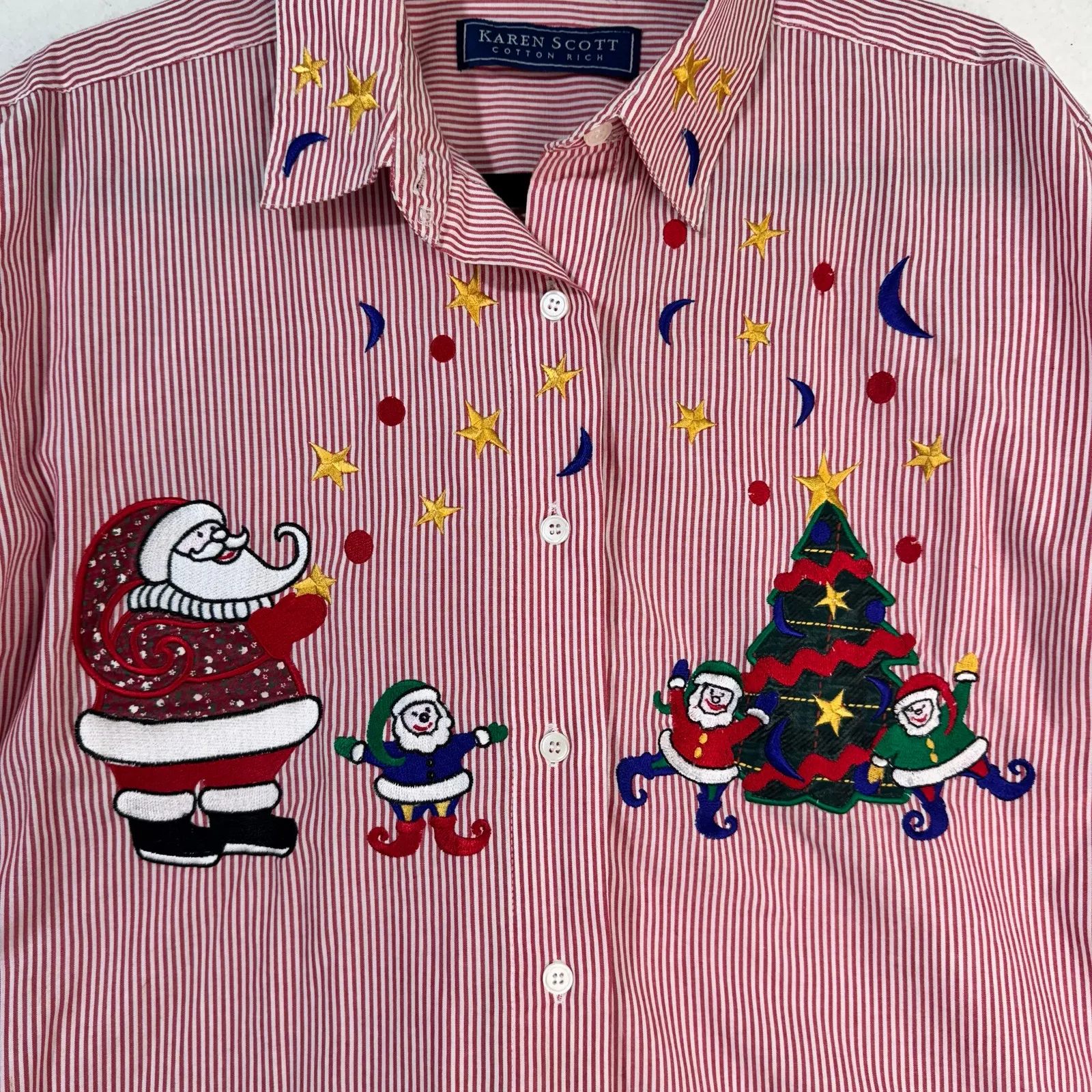 Karen Scott Christmas Emroidered Red & White Striped Long-Sleeve Buttoned Shirt - Image 6