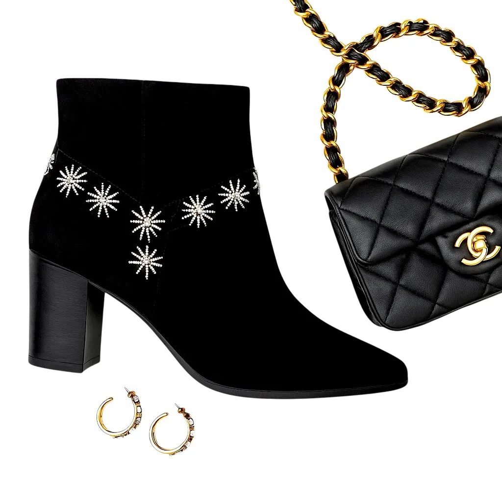 Schutz Black Suede Star Ankle Boots Block Heel Leather Sole 8.5B NWOT with FLAW - Image 2