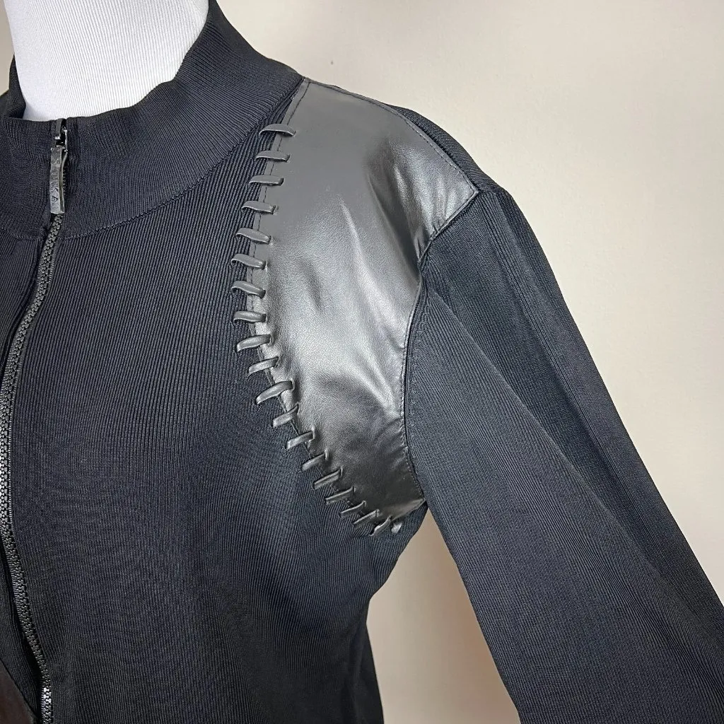 Yuka Sweater Jacket Womens Large Black Faux Leather Ribbed Knit Zip Whip Stitch‎ - Image 16