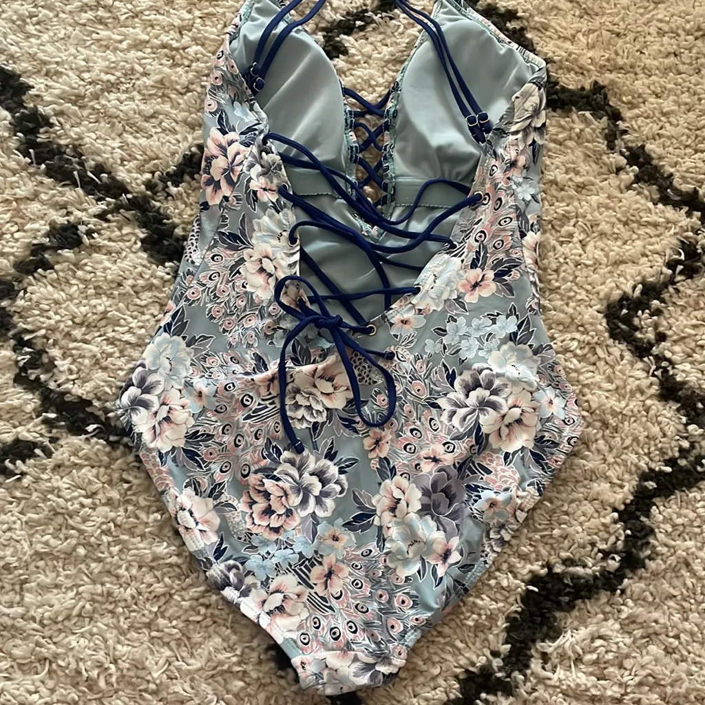Ambrielle Boho Strappy Metallic Floral Print Swimsuit Blue Size L - Image 8
