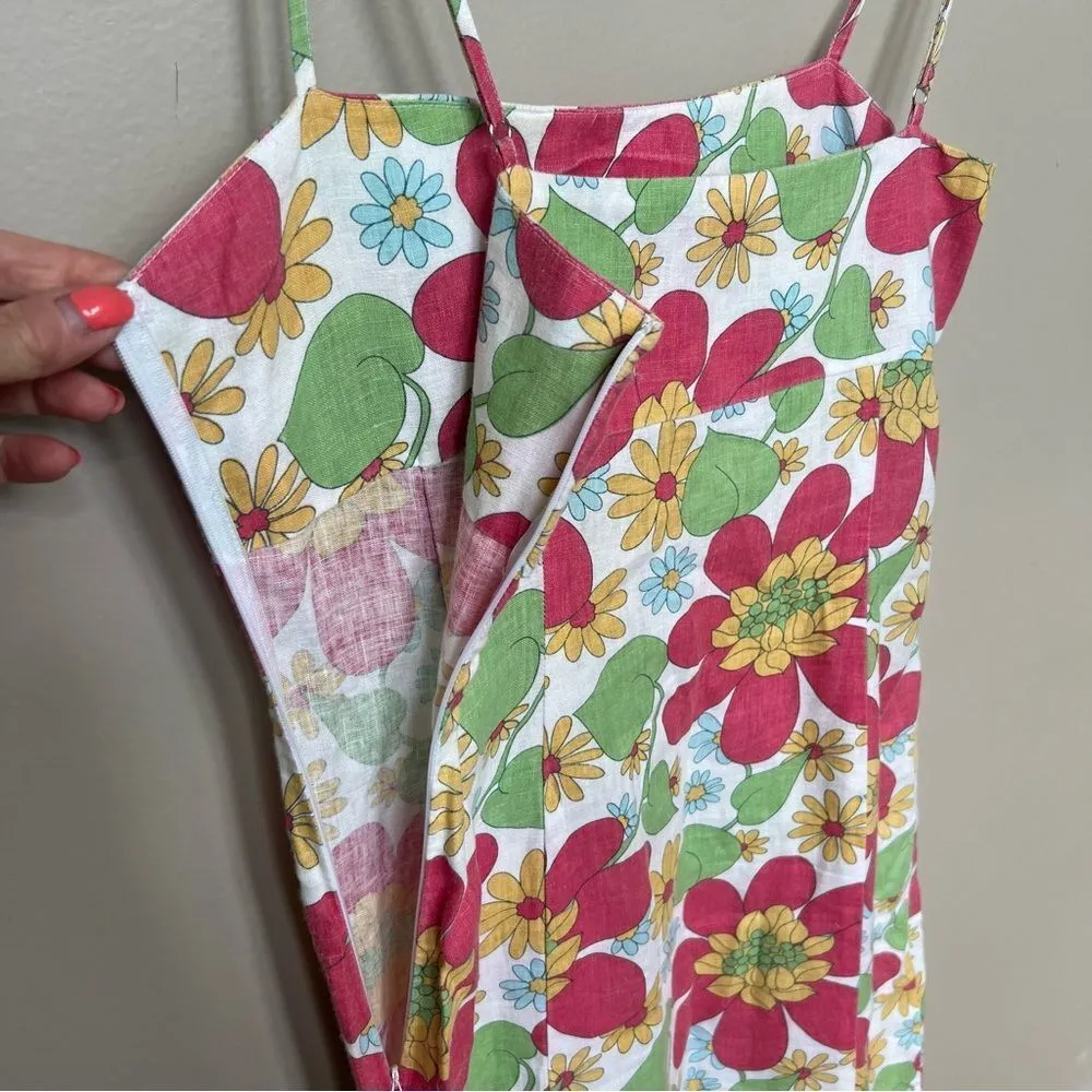 Boden Floral Linen Spaghetti Strap Sundress Resort Wear Size 10 White Pink Retro - Image 5