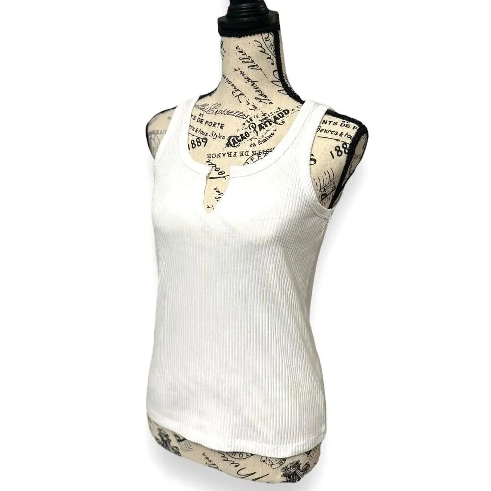 Articles Society S NWT White Ribbed Cotton Tank Top‎ Slit Neck Summer Sleeveless - Image 5