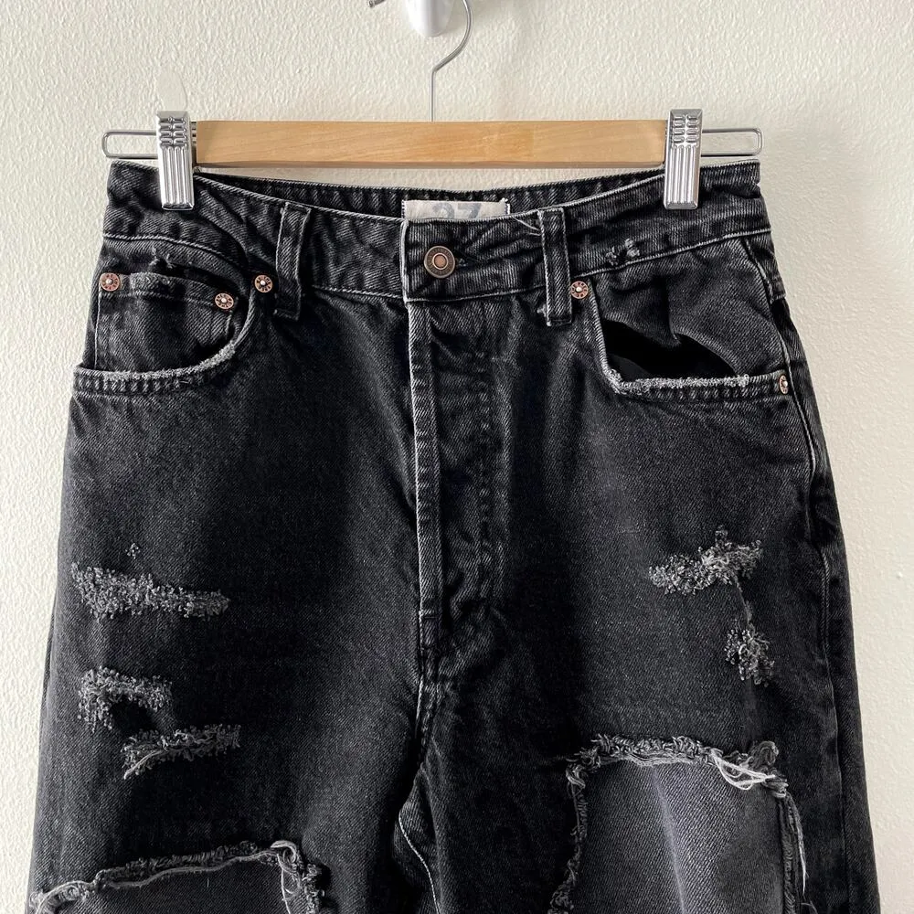 Free People Jeans Womens 27 Black Distressed Raw Hem High Rise Straight Leg - Image 6