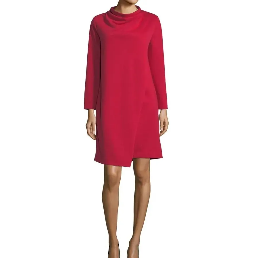 Joan Vass Dress Womens L Red Asymmetrical Cowl Neck Long Sleeve Draped Classic - Image 4