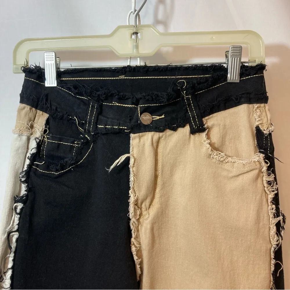 JEANS Black White Tan Patchwork Straight Leg Cut Off High Rise Jean Pants Size 27 - Image 3