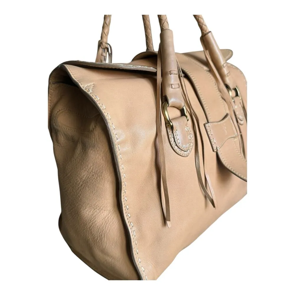 Vintage Frye braided handles tassel Boho leather shoulder bag Apricot color - Image 7