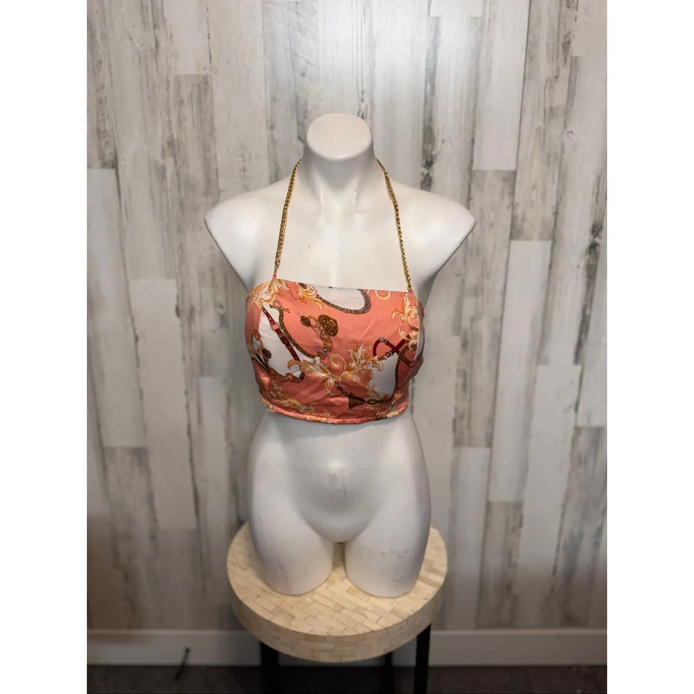 Penelope Boutique Satin Chain Halter Crop Top Pink Baroque Scarf Tie Back – Size Orange Size M - Image 7