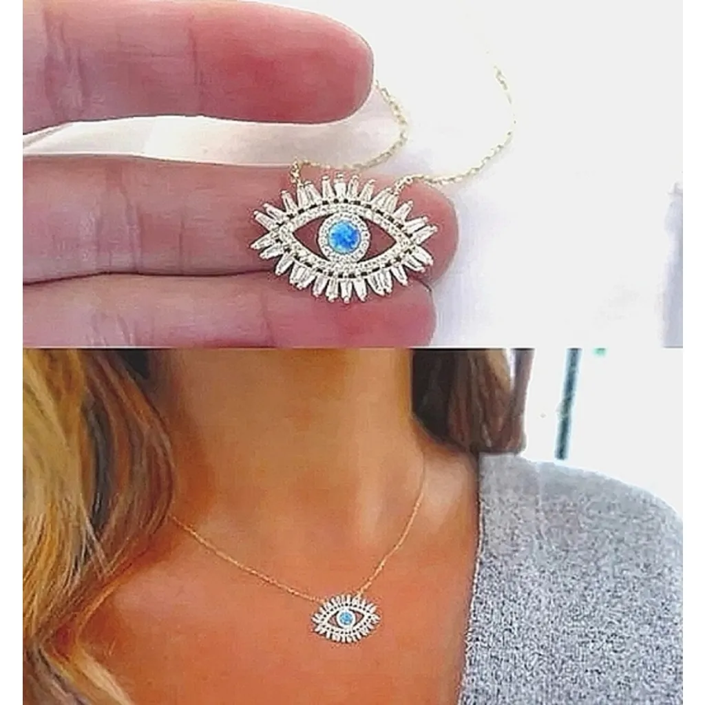 NEW Turquoise‎ Simulated Diamond Evil Eye Necklace, 18k YG Filled, 18-20” - Image 2