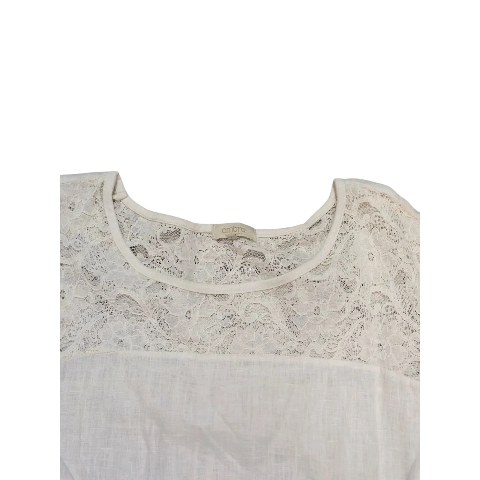 Ambra Lace Yoke Linen Blend Split Hem Tunic Top White Size L Size L - Image 3