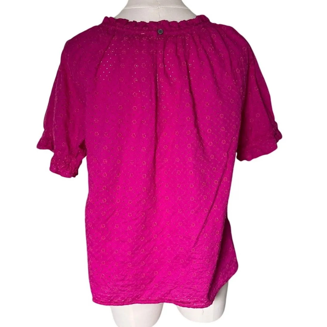 LOFT Hot Pink Eyelet Ruffle Neck Puff Sleeve Cotton Peasant‎ Blouse S - Image 3