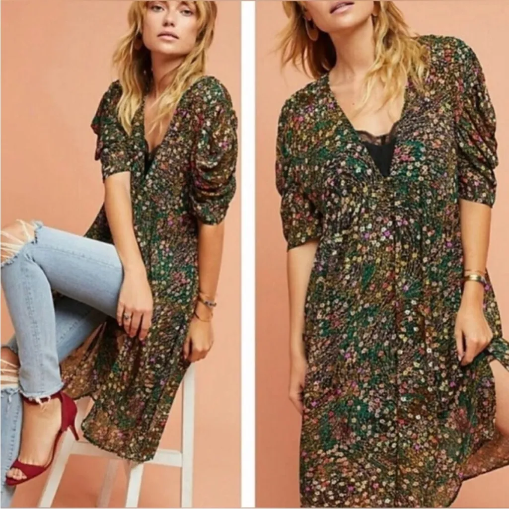 Anthropologie Valencia Multi Floral Maxi Dress Akemi + Kin Duster Button V Neck - Image 2