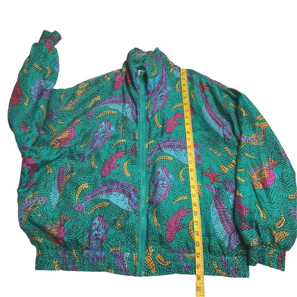 80s Lady‎ Bear Silk All Over Print Full Zip Bomber Jacket Green Plus Size 1X Vtg - Image 8