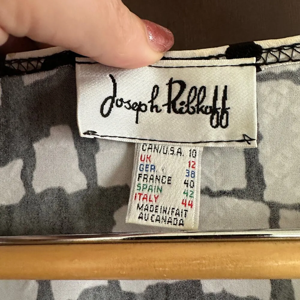 JOSEPH RIBKOFF | Black and White Graphic Faux Wrap Ruched Dress | Size 10 - Image 5