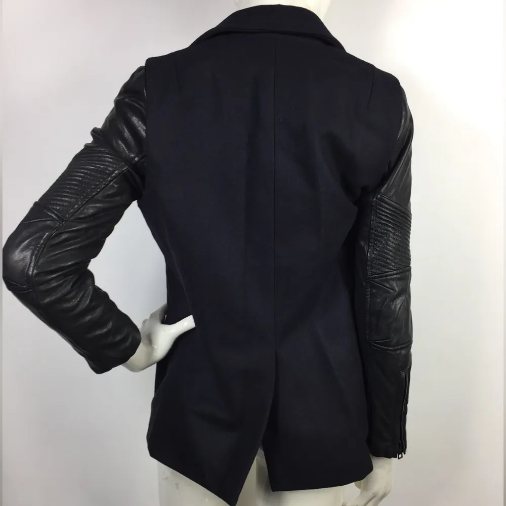 All Saints Zaskia Pea Coat Navy Wool Black Leather
Sleeves Double Breasted - Image 2