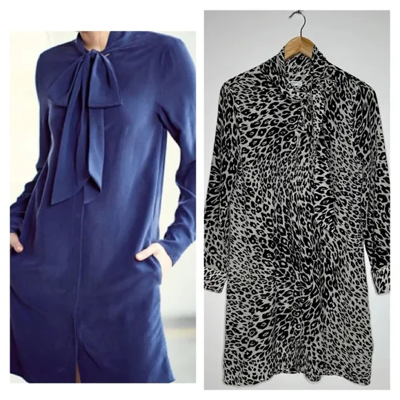 Equipment Femme Leema Black/White Leopard Print Tie Neck Long Sleeve Dress Small - Image 2