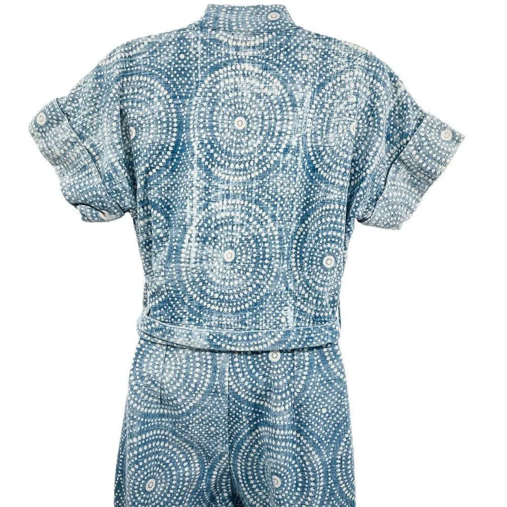 Cleobella Tominaga Indigo Print Short Sleeve Tie Waist Cropped Jumpsuit Romper - Image 13