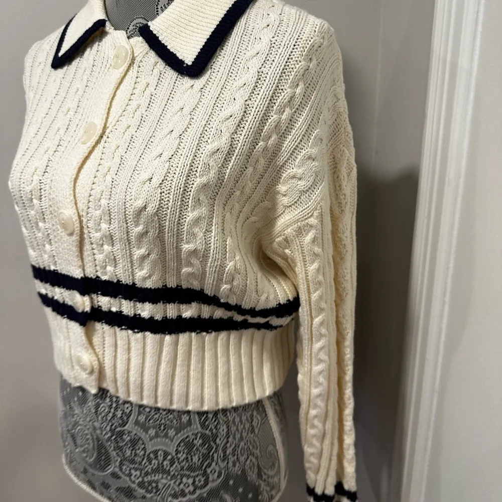 NWT Pink Rose Preppy Cream & Navy  Cable Knit Collared Cardigan. Ribbed Hem XS. - Image 13