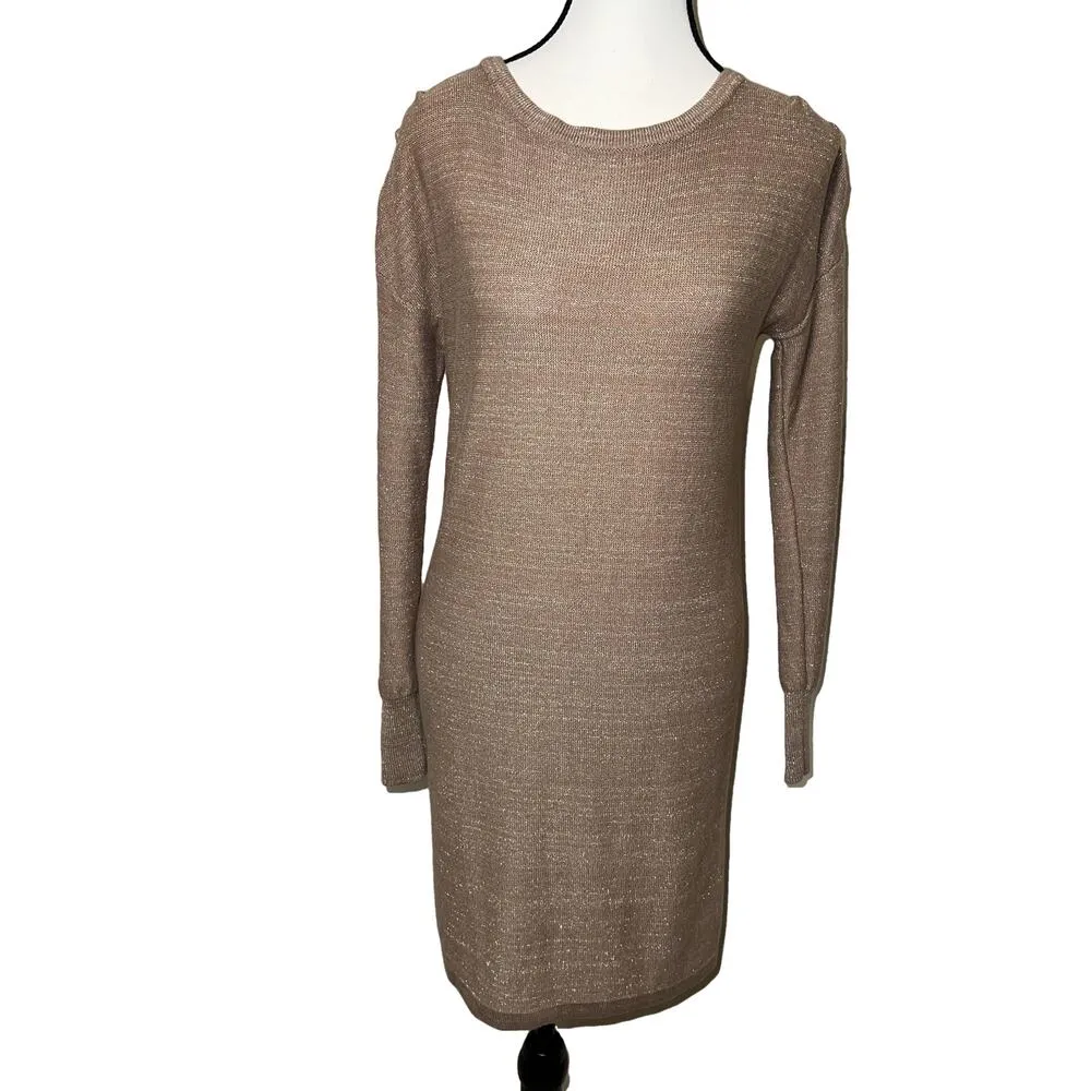 MANGO Gold Shimmer Long Sleeve Round Neck Sweater Dress Size S - Image 4
