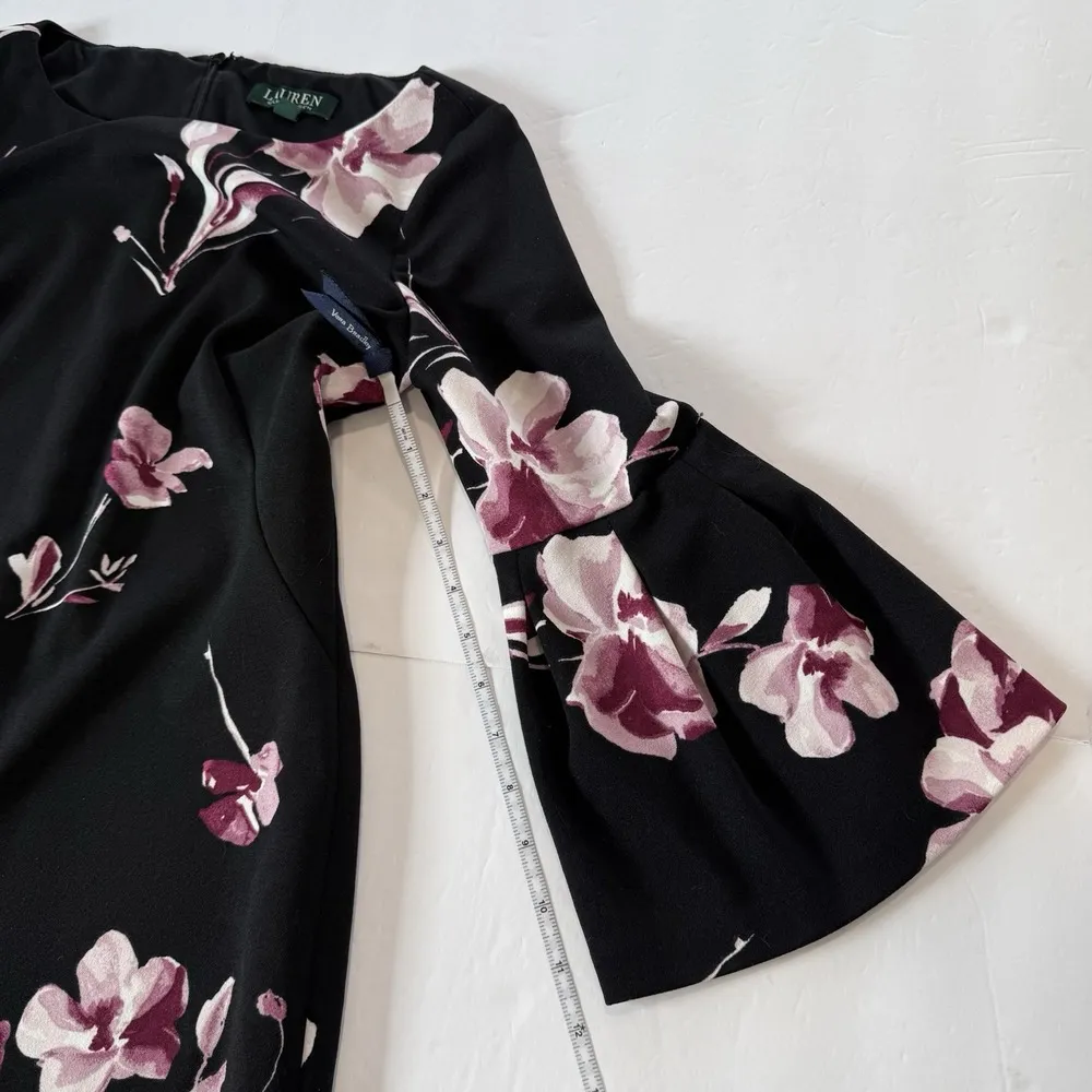 Ralph Lauren Pink Purple Floral Black 3/4 Bell Sleeve Stretch Crepe Dress Size 2 - Image 10