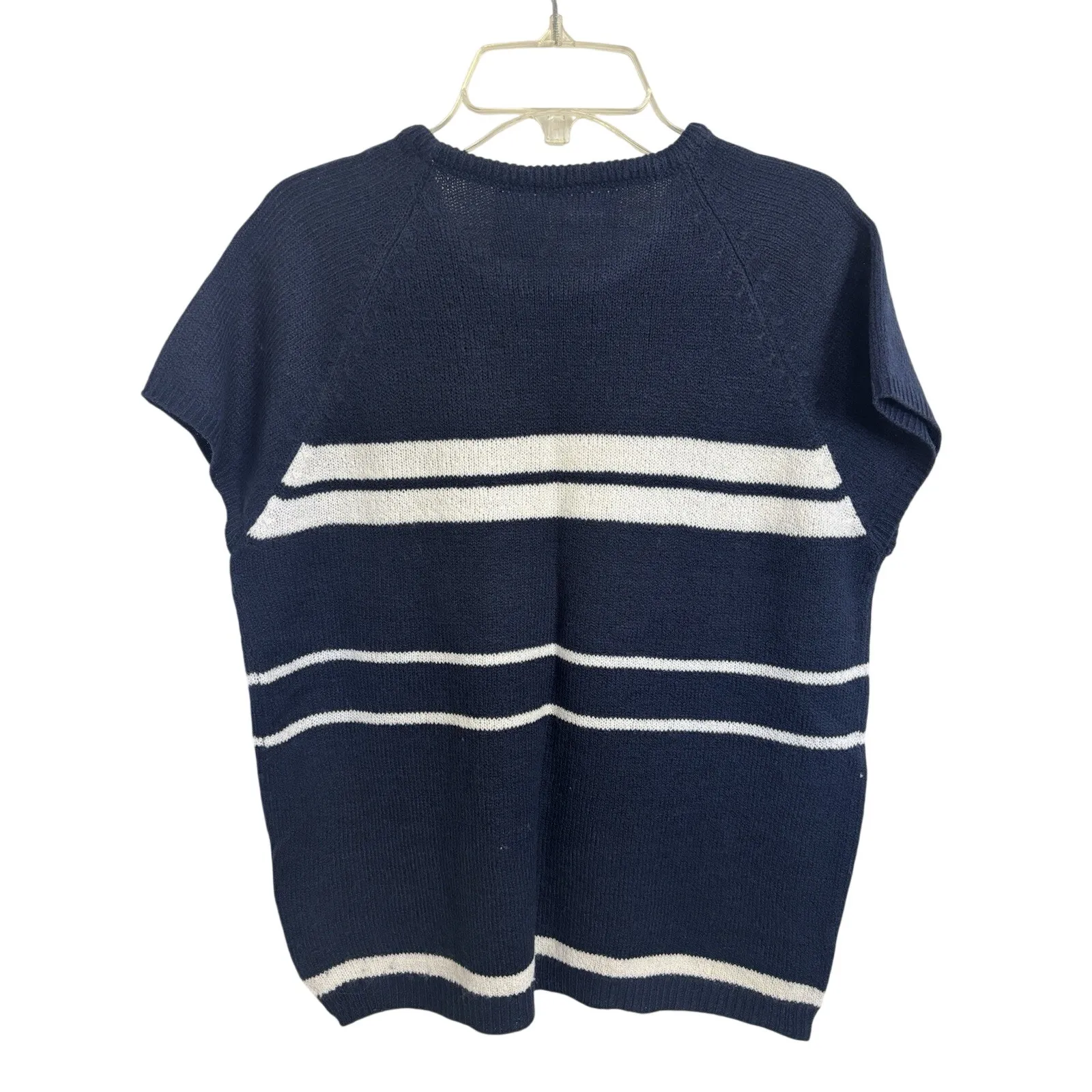 Vtg Y2K Bobbie Brooks Navy White Striped Short Sleeve Boxy Sweater Small Blue - Image 2