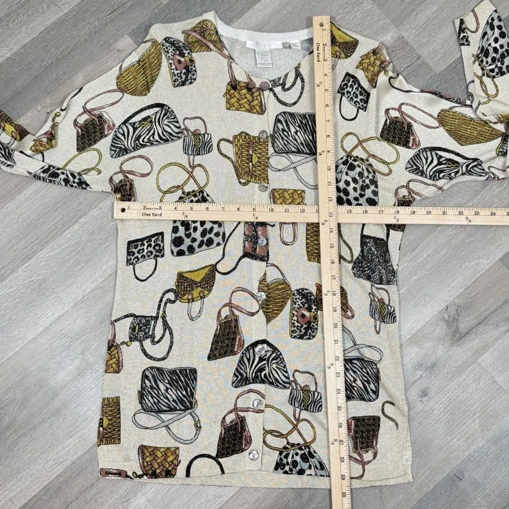 XXist Shimmer Purses Print Button Up Cardigan Sweater Gold Tan Multi Large - Image 12