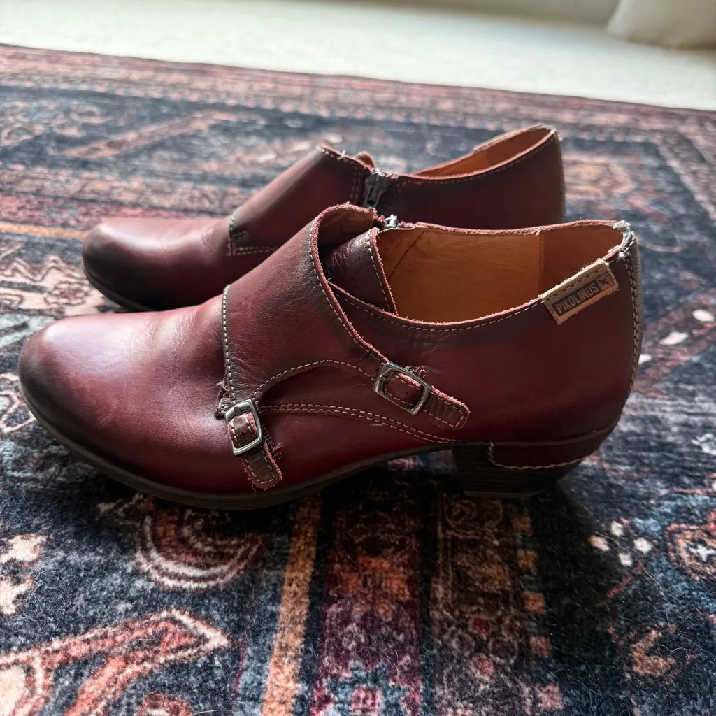 Pikolinos Burgundy Leather Booties Buckle Rotterdam Double Monk Strap Oxford Red Size 7 - Image 4