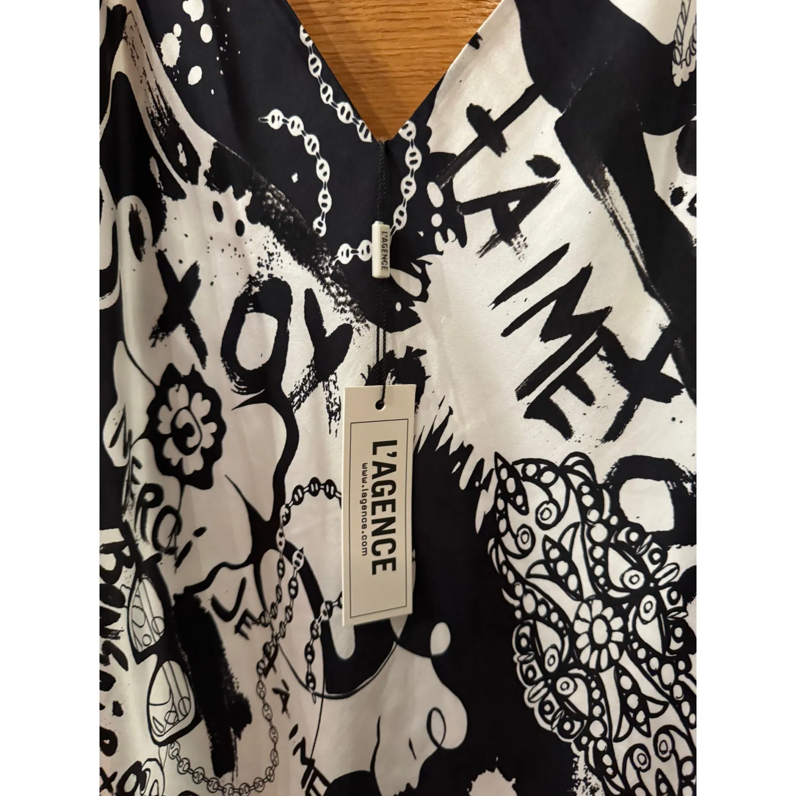 L'AGENCE Seridie Silk Midi Slip Dress - Black/White Graffiti size 10 (new) - Image 7