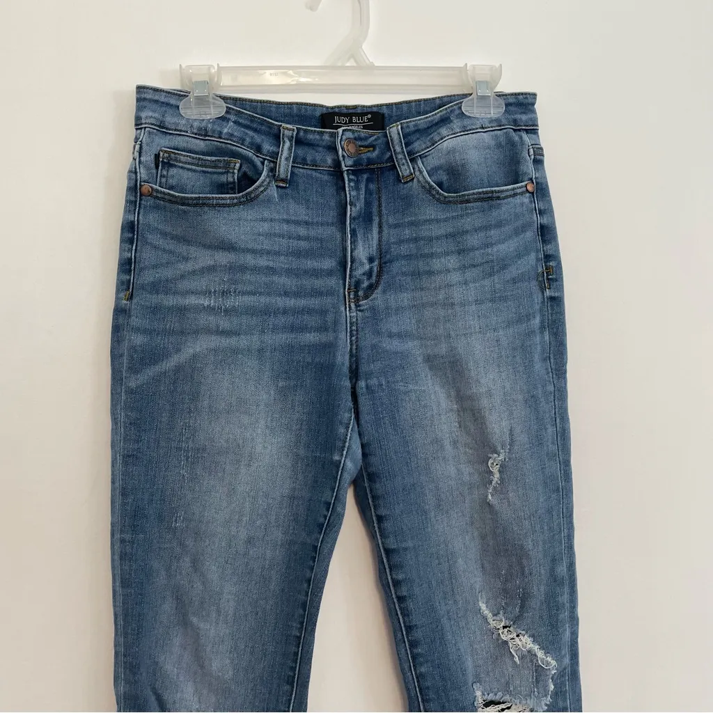 JUDY BLUE Adelene Mid Rise Girlfriend Cuffed Distressed Jean Medium Relaxed Fit - Image 4