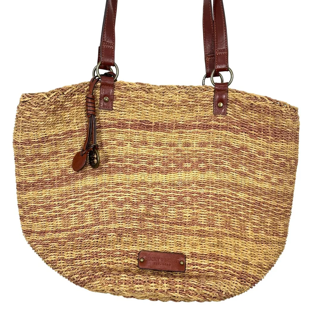 Lucky Brand Straw Tote Bag Brown Vegan Leather Trim Beach Summer Vacation - Image 3