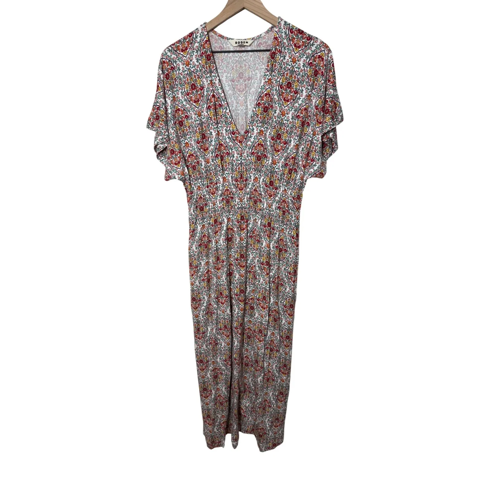 Boden Smocked Waist Jersey Maxi Dress Women US 8P Boho Cottage Easy Wear Garden Red - Image 2