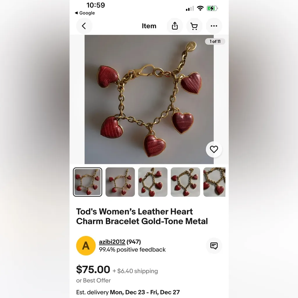 Tod’s heart charm bracelet in gold and brown leather. - Image 6