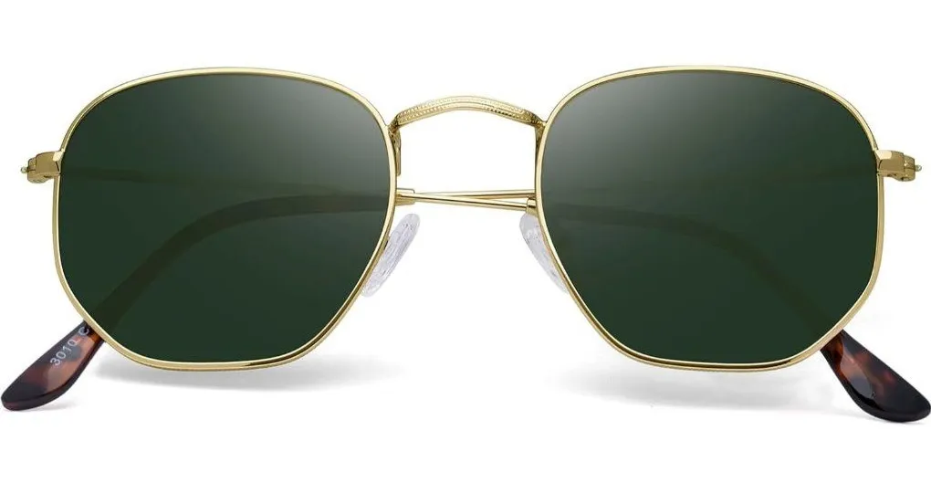 Unisex Gold/Leopard Trendy Square Hexagonal Mirrored Sun Glasses UV Protection Green - Image 1